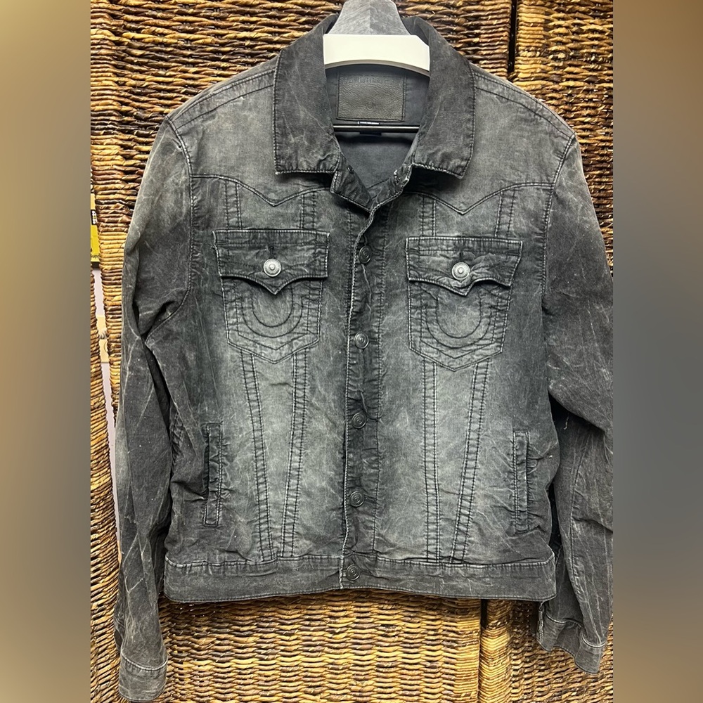 True Religion- Men's Black Denim Jacket,Distressed/Worn/Wash, Size:Large, Jimmy - Picture 1 of 9